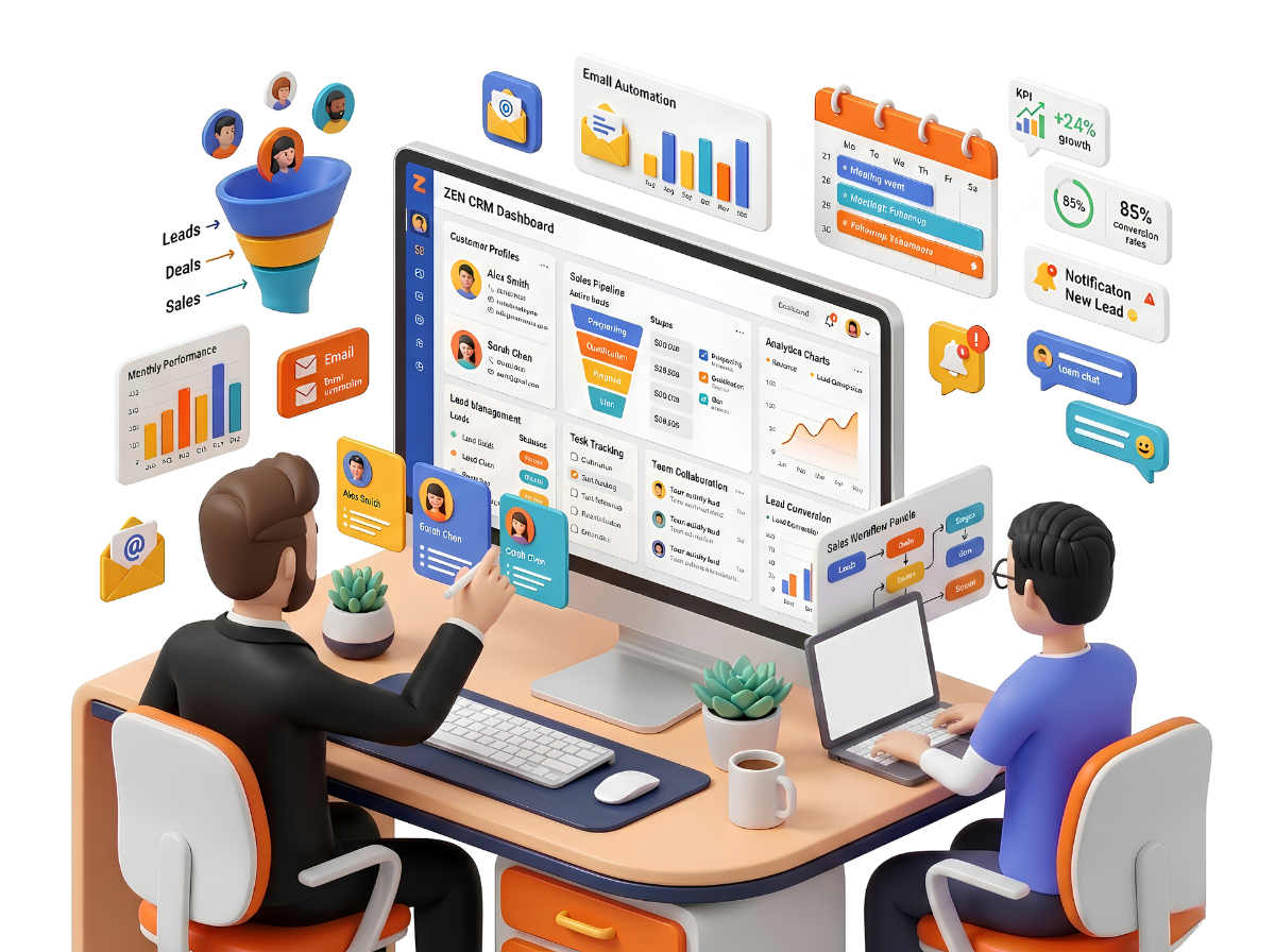 Team using CRM software with a customer analytics dashboard on a desktop and laptop