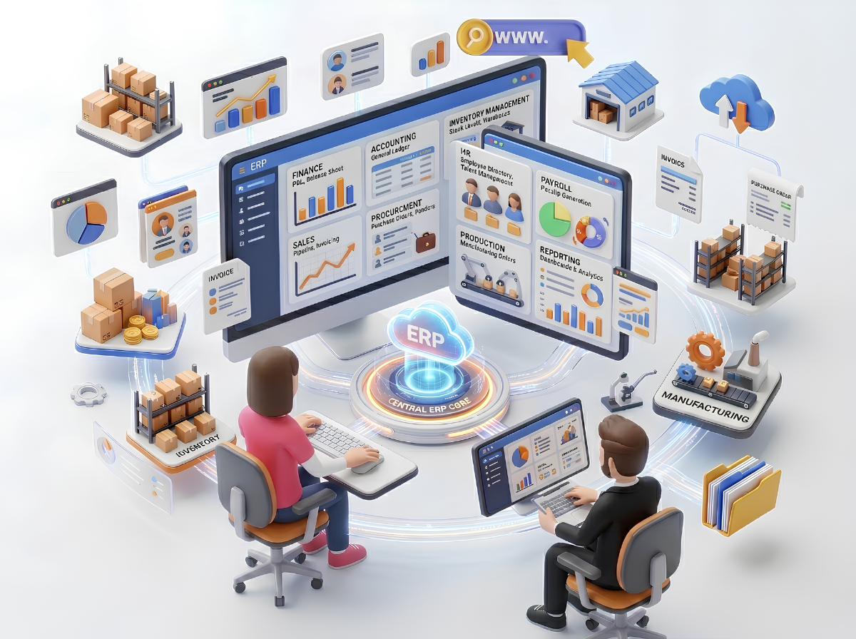 Office team analyzing ERP business dashboards with reports, inventory, and cloud data
