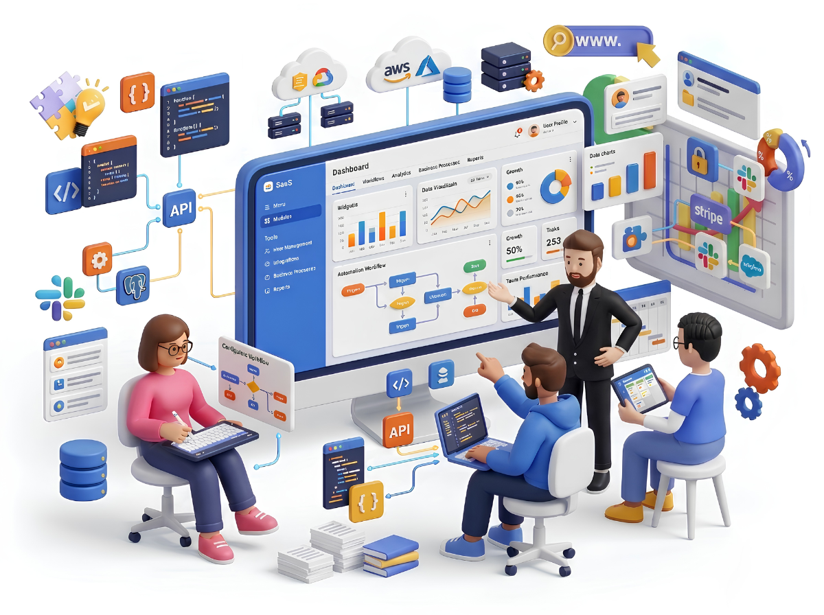 Team collaborating on custom software development with an analytics dashboard, cloud, and API integration