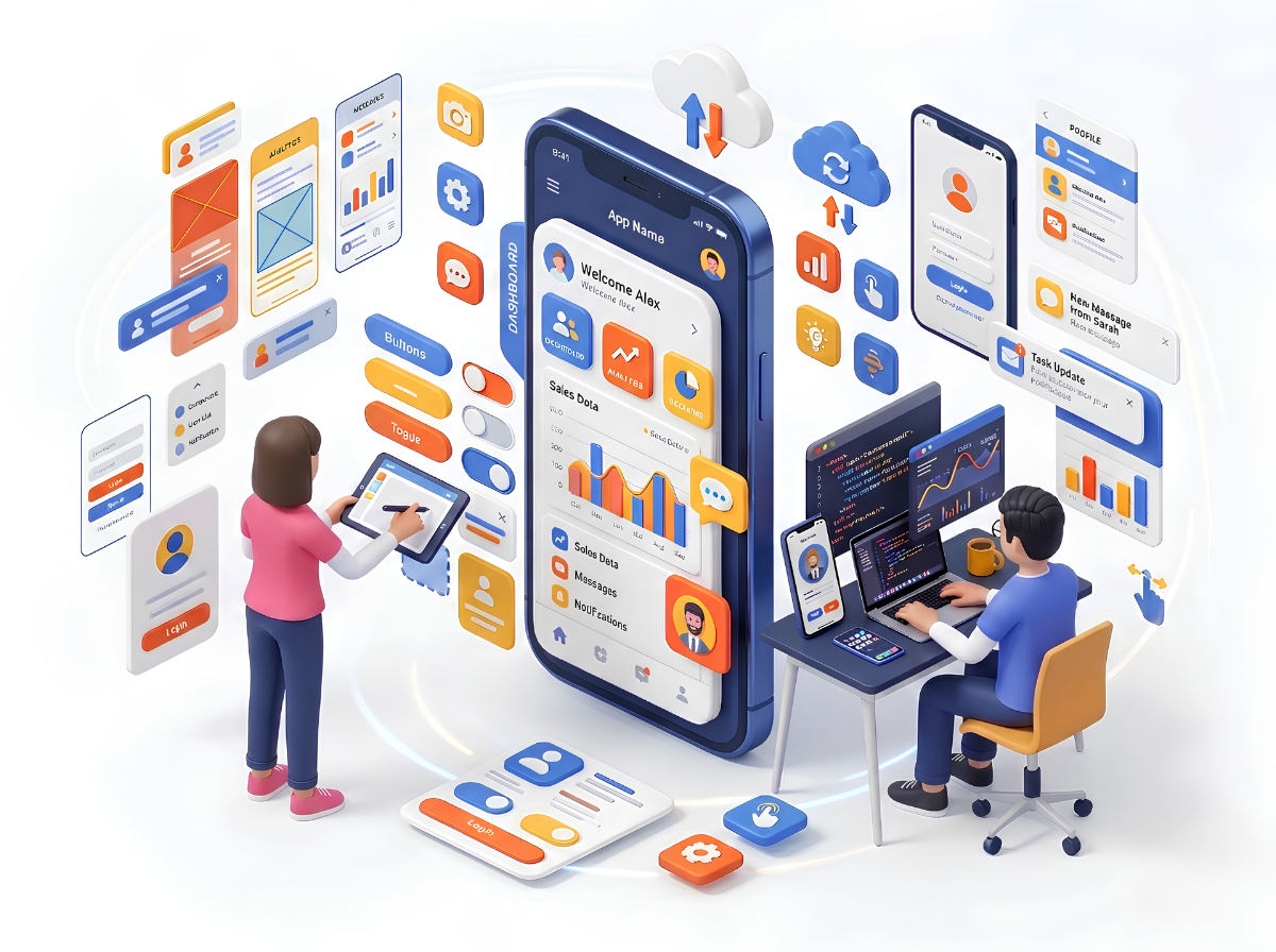 User-first mobile app interface with smartphone, laptop, and interactive app features